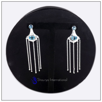London Blue Topaz Cut A - SDE709-Solid 925 Sterling Silver Cut Gemstone Long Chain Designer Earrings