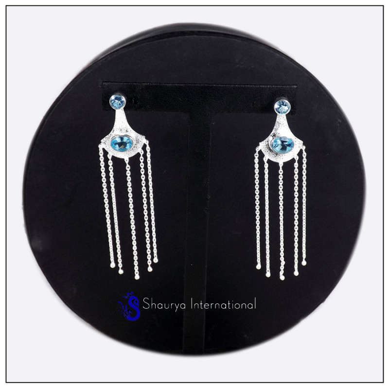 London Blue Topaz Cut A - SDE709-Solid 925 Sterling Silver Cut Gemstone Long Chain Designer Earrings