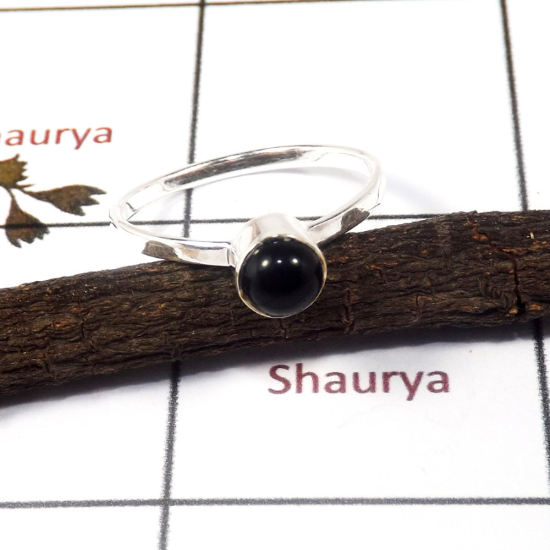 Black Onyx Cab K - STK940-Lovely Light Weight 925 Sterling Silver Stacking Ring With Cab Gemstone