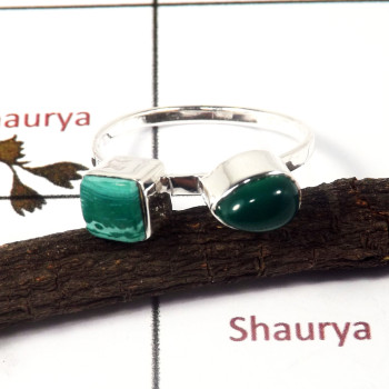 Malachite & Green Onyx Cab I - STK938-Indian Factory Made Light Weight Two Stone Stack Ring 925 Sterling Silver