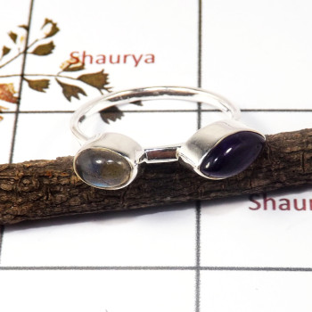 Amethyst & Labradorite Cab A - STK937-Party Wear Two Gemstone Light Weight Stacking Ring 925 Sterling Silver