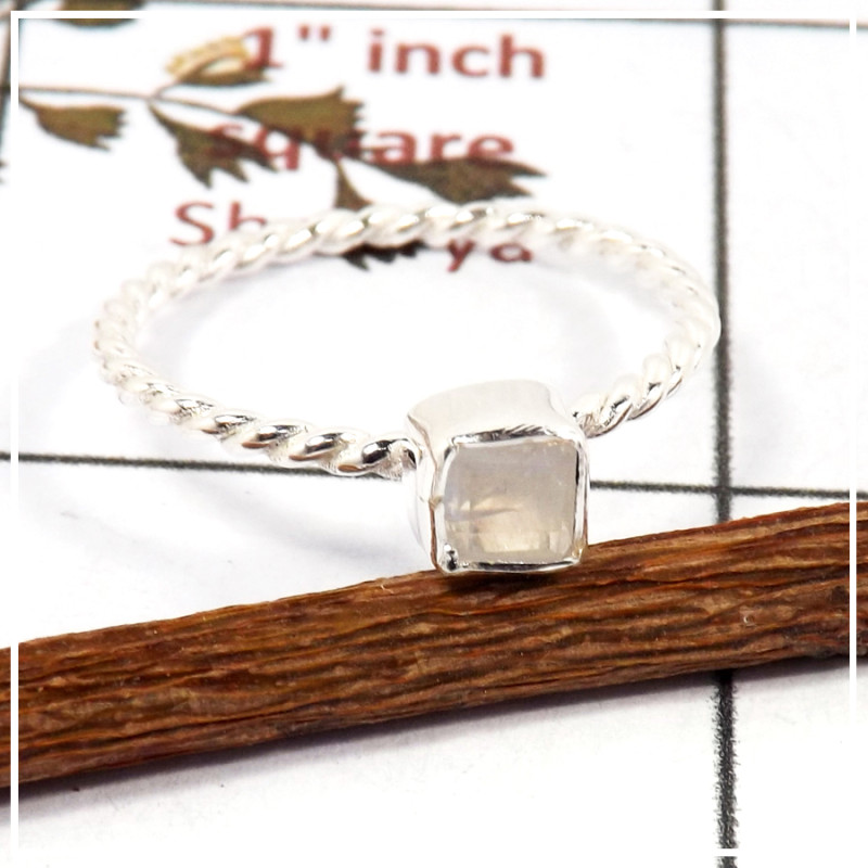 Rainbow Moonstone Cut B - STK936-925 Silver Handmade Light Weight Stacking Ring With Cut Gemstone