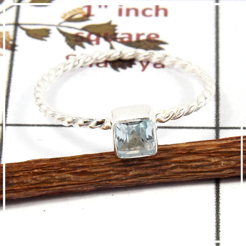 Blue Topaz Cut E - STK936-925 Silver Handmade Light Weight Stacking Ring With Cut Gemstone