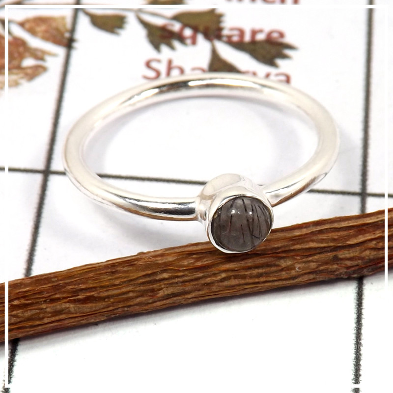 Black Rutile Cab I - STK935-Solid 925 Silver Light Weight Women Stacking Ring Cab & Cut Gemstone