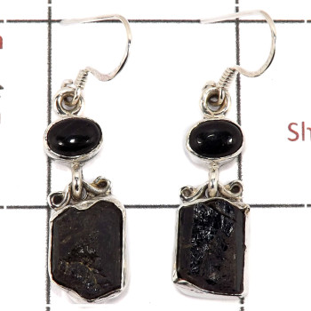 Black Tourmaline Rough & Black Onyx Cab B - SPE813-Party Wear Rough Stone 925 Silver Plain Setting Earrings Handmade Collection
