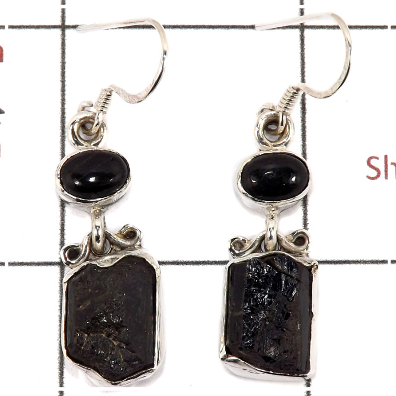 Black Tourmaline Rough & Black Onyx Cab B - SPE813-Party Wear Rough Stone 925 Silver Plain Setting Earrings Handmade Collection