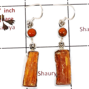 Orange Kyanite Rough & Sponge Coral Cab G - SPE812-Solid 925 Silver Plain Setting Rough Gemstone Earrings Handmade Design
