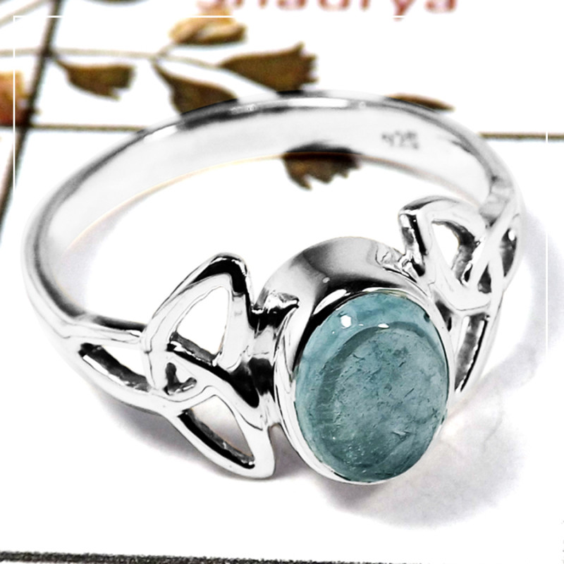 Aquamarine Cab A - SDR587-Solid 925 Sterling Silver Trinity Design Ring With Cab Gemstone
