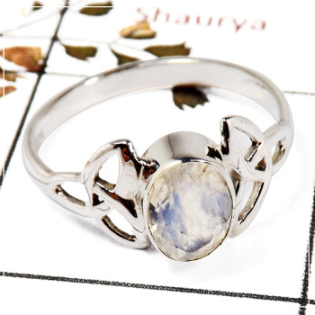 Rainbow Moonstone Cut B - SDR586-Handmade Design Cut Gemstone Celtic Trinity Ring 925 Sterling Silver