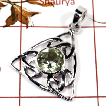 Green Amethyst Cut E - SD558-925 Silver Celtic knot Triquetra Design Pendant Amazing Cut Gemstone