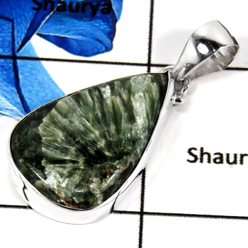 Seraphinite Cab O - ISP644-Natural Green Seraphinite Gemstone Plain Setting Pendant 925 Sterling Silver