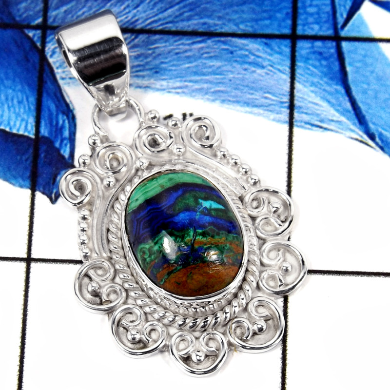 Malachite In Azurite Cab L - SSP806-925 Sterling Silver Designer Big Pendant With Cab & Cut Gemstone