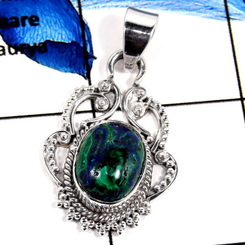 Malachite In Azurite Cab J - SD530-Unique Handmade Cab & Cut Gemstone Designer Pendant 925 Sterling Silver