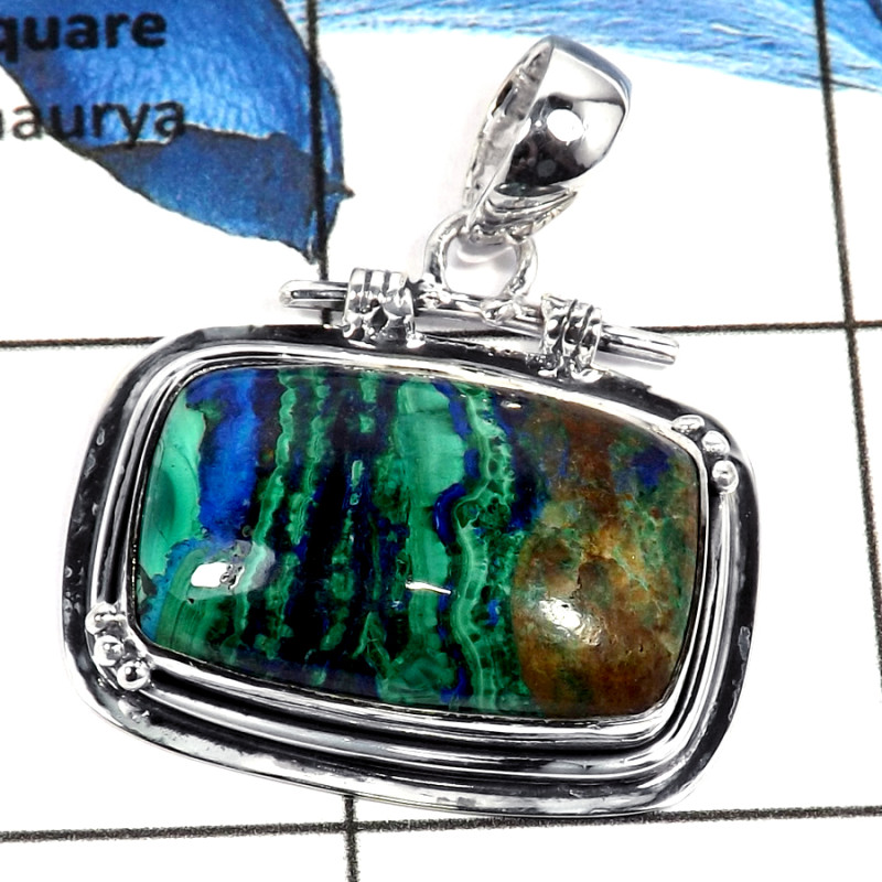 Malachite In Azurite Cab O - ISP635-Awesome Malachite In Azurite Stone Plain Setting Pendant 925 Sterling Silver