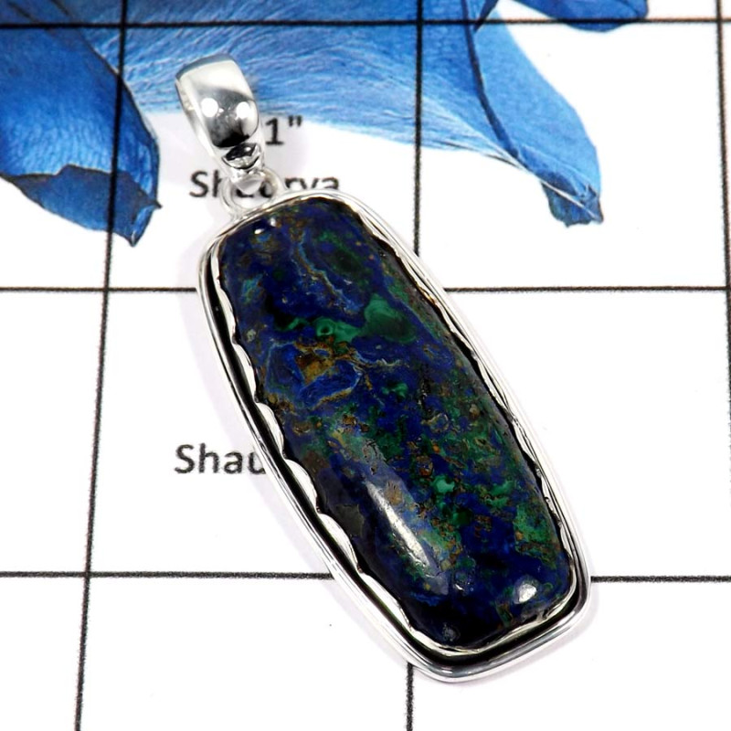 Malachite In Azurite Cab A - ISP631-Indian Factory Made Malachite In Azurite Chunky Pendant 925 Sterling Silver