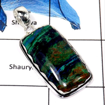 Malachite In Azurite Cab O - ISP631-Indian Factory Made Malachite In Azurite Chunky Pendant 925 Sterling Silver Malachite In Azurite Cab O - ISP631-Indian Factory Made Malachite In Azurite Chunky Pendant 925 Sterling Silver