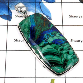 Natural Crack Malachite In Azurite Cab G - ISP629-925 Sterling Silver Plain Setting Big Pendant Natural Malachite In Azurite Gem Natural Crack Malachite In Azurite Cab G - ISP629-925 Sterling Silver Plain Setting Big Pendant Natural Malachite In Azurite Gem