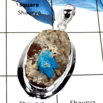 Cavansite Druzy B - ISP626-Sparkling Cavansite Druzy Big Pendant 925 Sterling Silver Plain Setting