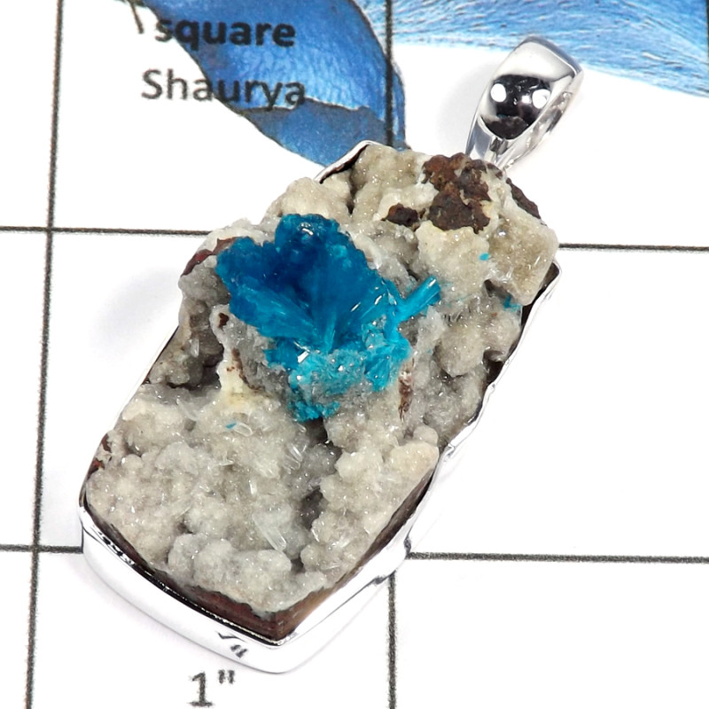 Cavansite Druzy K - ISP626-Sparkling Cavansite Druzy Big Pendant 925 Sterling Silver Plain Setting