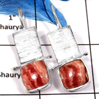 Rhodochrosite Cab A - SPE798-Solid 925 Sterling Silver Rhodochrosite Gemstone Plain Setting Earrings