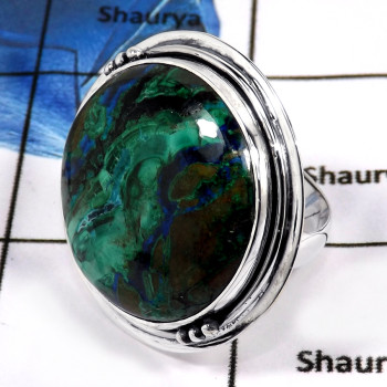 Malachite In Azurite Cab I - PSR755-Gorgeous Malachite In Azurite Chunky Ring 925 Sterling Silver Plain