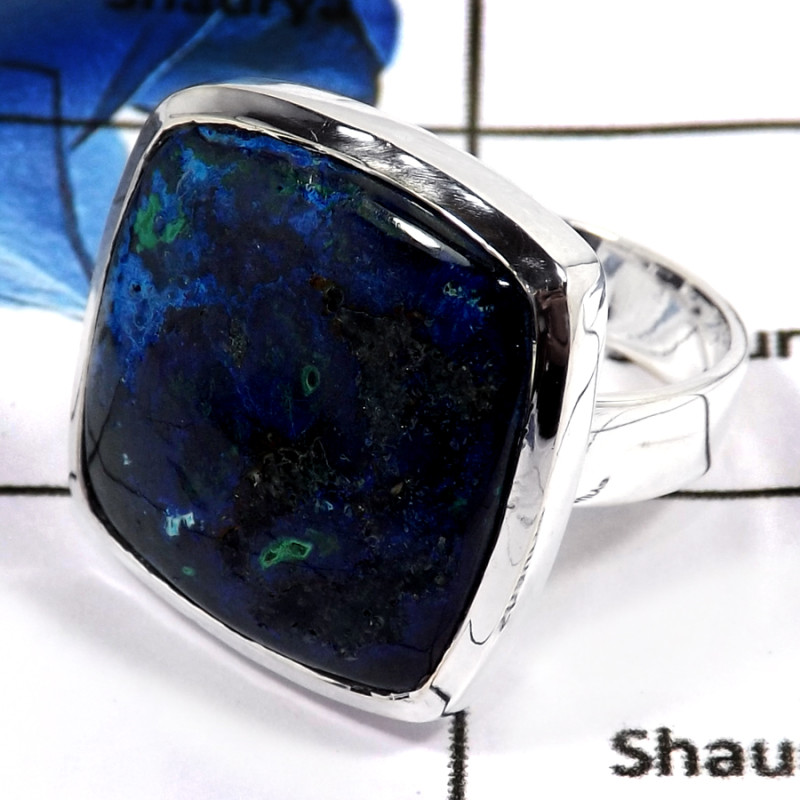 Malachite In Azurite Cab I - PSR753-Indian Company Made Malachite In Azurite Gemstone 925 Silver Plain Setting Ring