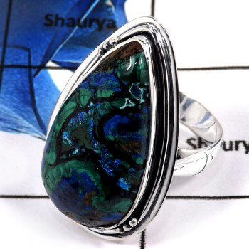 Malachite In Azurite Cab J - PSR753-Indian Company Made Malachite In Azurite Gemstone 925 Silver Plain Setting Ring