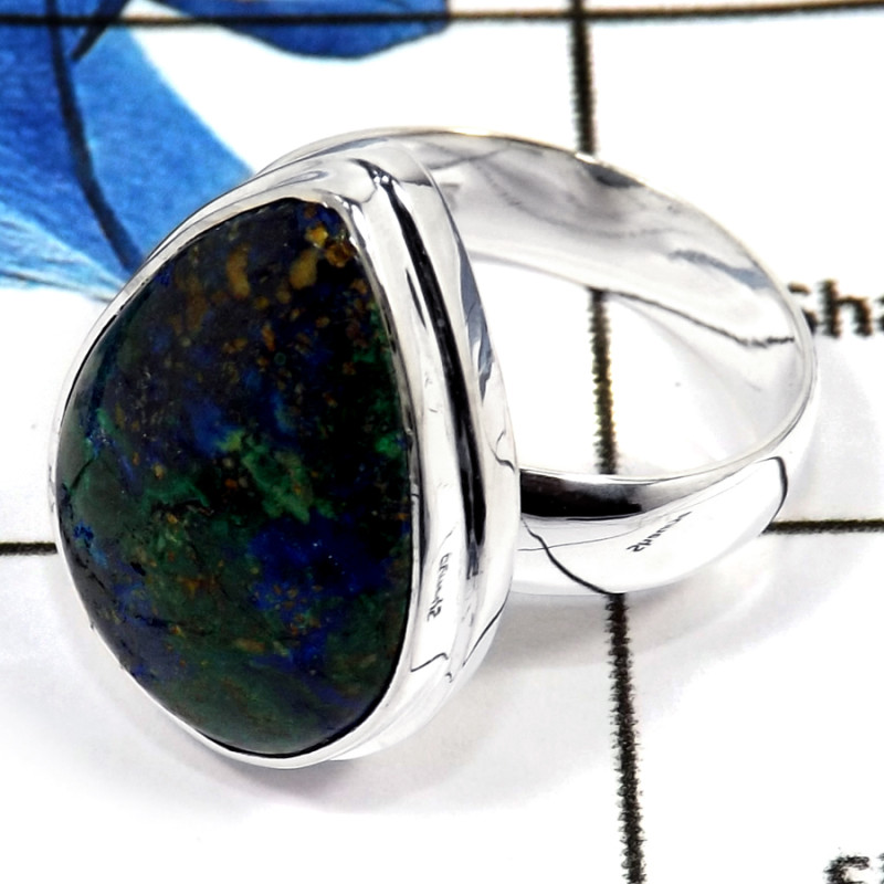 Malachite In Azurite Cab A - PSR751-Classic Malachite In Azurite Large Ring 925 Sterling Silver Plain Setting