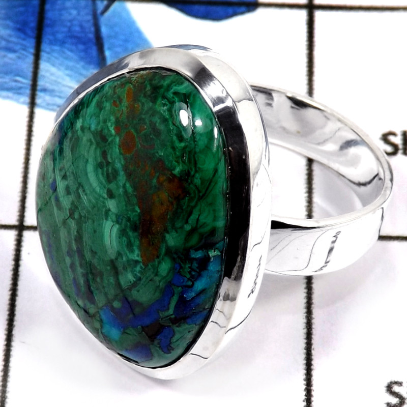 Malachite In Azurite Cab I - PSR751-Classic Malachite In Azurite Large Ring 925 Sterling Silver Plain Setting