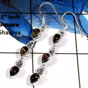 Turtella Jasper Cab B - SPE788-Exclusive Collection 925 Silver Plain Setting Long Earrings With Cab & Cut Gemstone