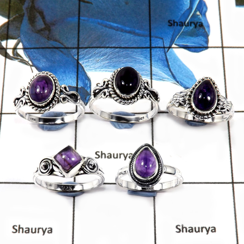 5 Pcs Amethyst Cab D - SVP810-Latest Collection Cab Gemstone Rings Solid 925 Sterling Silver