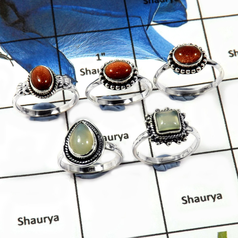 5 Pcs Sandstone & Prehnite Cab E - SVP810-Latest Collection Cab Gemstone Rings Solid 925 Sterling Silver