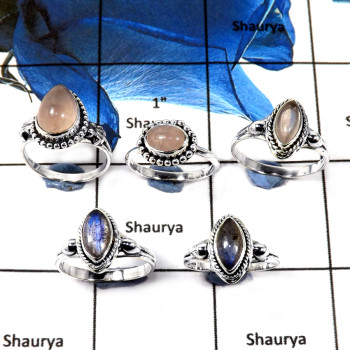 5 Pcs Rose Quartz, Rainbow Moonstone & Labradorite Cab I - SVP810-Latest Collection Cab Gemstone Rings Solid 925 Sterling Silver
