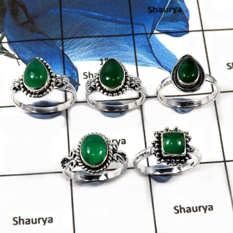 5 Pcs Green Onyx Cab A - SVP809-Newly Handmade 5 Pcs Wholesale Lots 925 Silver Rings With Cab Gemstone