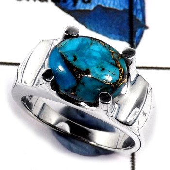 Blue Copper Turquoise Cab O - SCR800-Semiprecious Cab Gemstone Casting Ring Solid 925 Sterling Silver