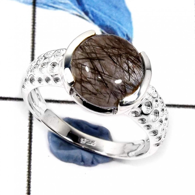 Black Rutile Cab A - SCR795-925 Sterling Silver Gorgeous Cab Gemstone Casting Design Ring