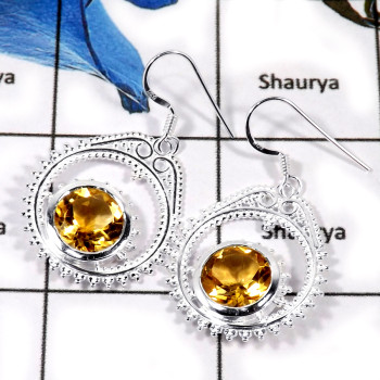 Citrine Cut H - CES945-Solid 925 Sterling Silver Casting Dangle Earrings With Cab & Cut Gemstone
