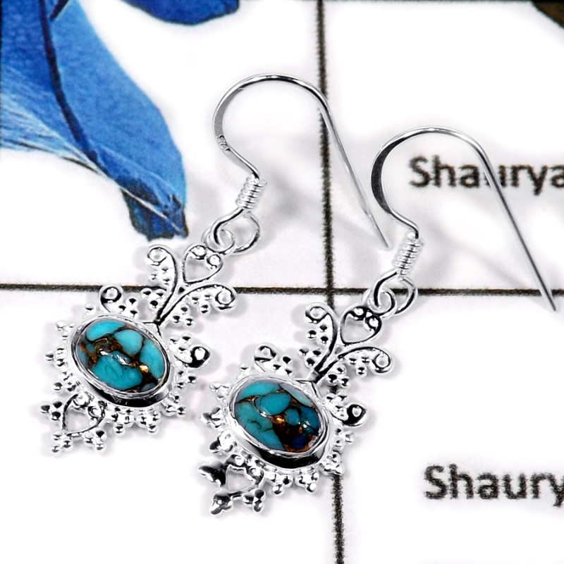 Blue Copper Turquoise Cab F - CES940-Natural Cab & Cut Gemstone Casting Earrings 925 Sterling Silver