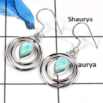 Larimar Cab I - SDE661-Party Wear Cabochon Gemstone 925 Sterling Silver Two Circle Earrings