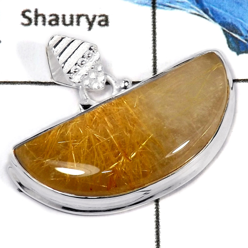 Golden Rutile Cab O - CMJ807-Solid 925 Sterling Silver Stunning Look Cabochon Gemstone Pendant