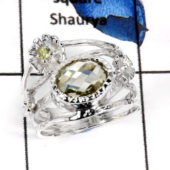Green Amethyst & Peridot Cut M - SCR791-Genuine Semiprecious Gemstone Flower Design Casting Ring 925 Sterling Silver