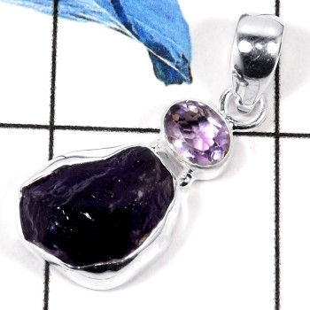 Amethyst Rough & Cut D - CMJ779-Solid 925 Sterling Silver Party Look Cab Gemstone Pendant