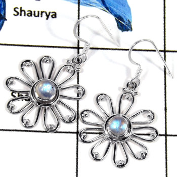 Rainbow Moonstone Cab A - SDE630-Solid 925 Sterling Silver Cab & Cut Gemstone Flower Design Dangle Earrings