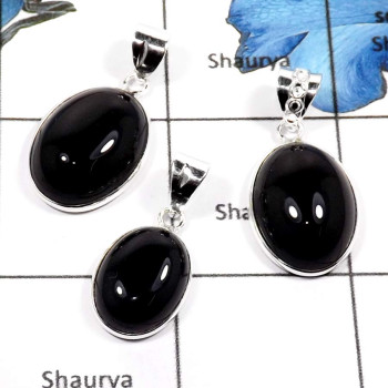 3 Pcs Black Onyx Cab B - BPS856-3 Pcs Natural Black Onyx Gemstone Wholesale Lot Bezel Pendants 925 Sterling Silver