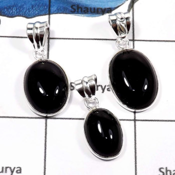 3 Pcs Black Onyx Cab O - BPS856-3 Pcs Natural Black Onyx Gemstone Wholesale Lot Bezel Pendants 925 Sterling Silver