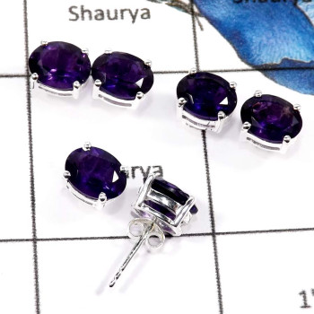3 Pairs Amethyst Cut A - SSE845-7x9 Oval 3 Pairs Exclusive Colorful Gemstone Handmade Stud Earrings 925 Sterling Silver