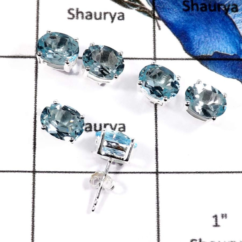 3 Pairs Blue Topaz B - SSE845-7x9 Oval 3 Pairs Exclusive Colorful Gemstone Handmade Stud Earrings 925 Sterling Silver