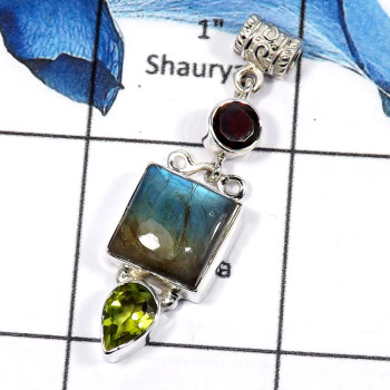 Garnet Cut,Labradorite & Peridot Cut I - SSP763-Glorious Three Stone Cab & Cut Wholesale Pendants 925 Sterling Silver