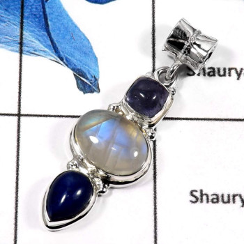 Tanzanite,Rainbow Moonstone & Lapis Lazuli I - SSP762-Blue Fire Rainbow Moonstone With Cab & Cut Wholesale Pendants 925 Sterling