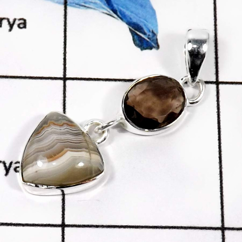 Crazy Lace Agate & Smoky Quartz A - SD468-Gorgeous Two Stone Crazy Lace Agate & Smoky Quartz Designer Pendants 925 Sterling Silv Crazy Lace Agate & Smoky Quartz A - SD468-Gorgeous Two Stone Crazy Lace Agate & Smoky Quartz Designer Pendants 925 Sterling Silv